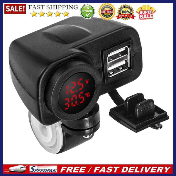 Dual USB Charger Motorcycle Handlebar Power Adapter with Voltmeter Thermome