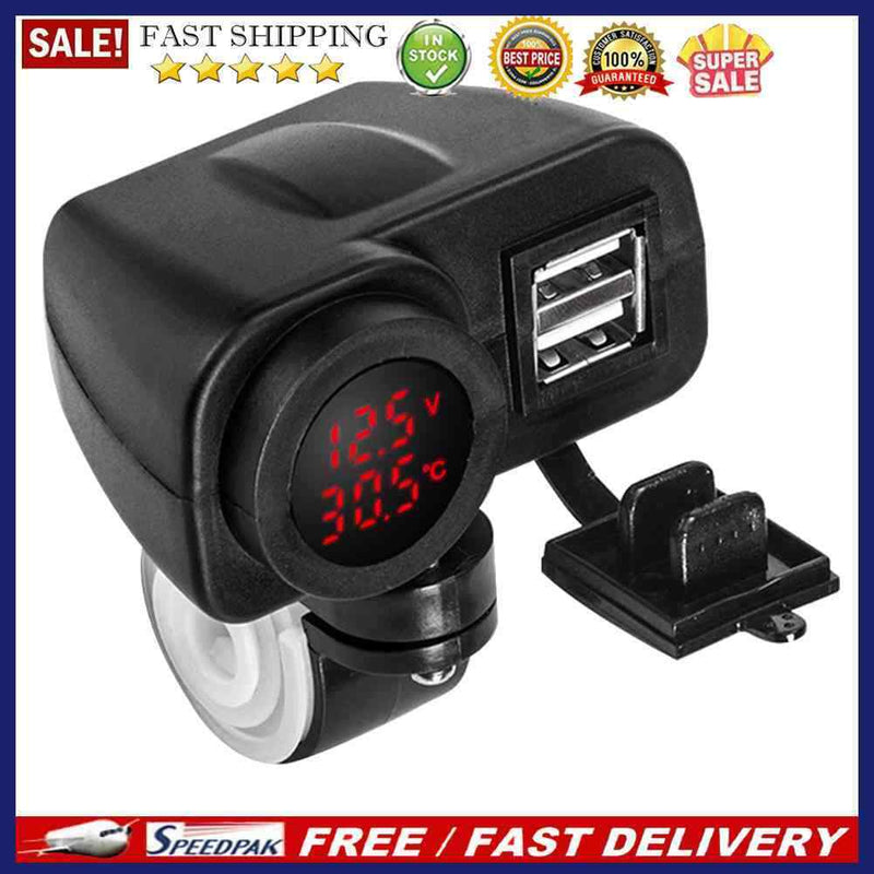 Dual USB Charger Motorcycle Handlebar Power Adapter with Voltmeter Thermome