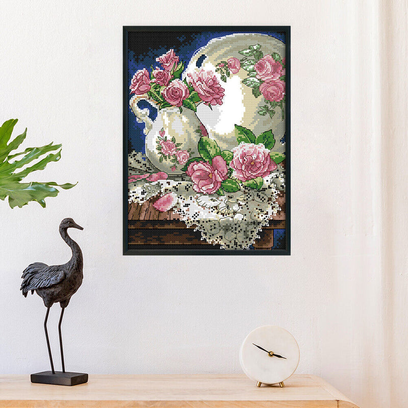 Cross Stitch 14CT Stamp Canvas Vase and Rose Embroidery DIY Handwork (J283)