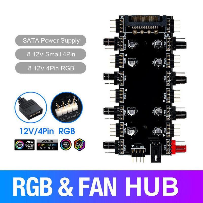 1 To 8 Multi Way Splitter RGB PWM HUB 12V/4 Pin for Fan Motherboard (SATA)
