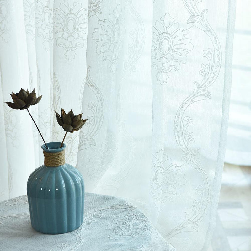 Embroidery Flower Screen Yarn Window Curtains Bedroom Voile Curtain(White)