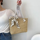 Women Straw Woven Shoulder Tote Bag Casual Silk Scarf Large Capacity Handbags