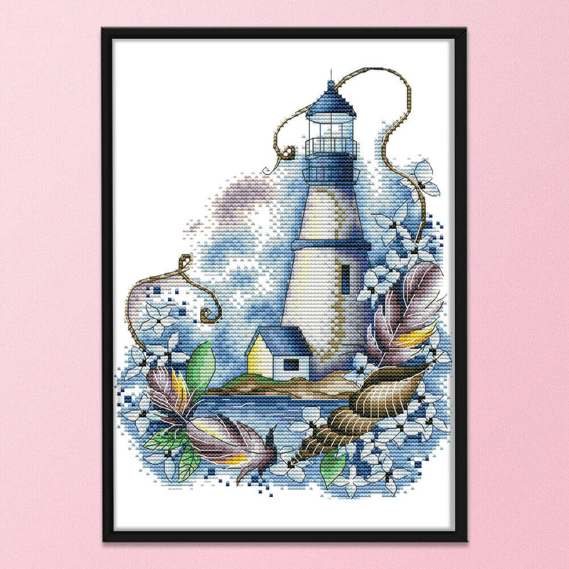 Cross Stitch Kit DIY Blue Lighthouse 14CT Stamped Needlework 22X29cm (F965)