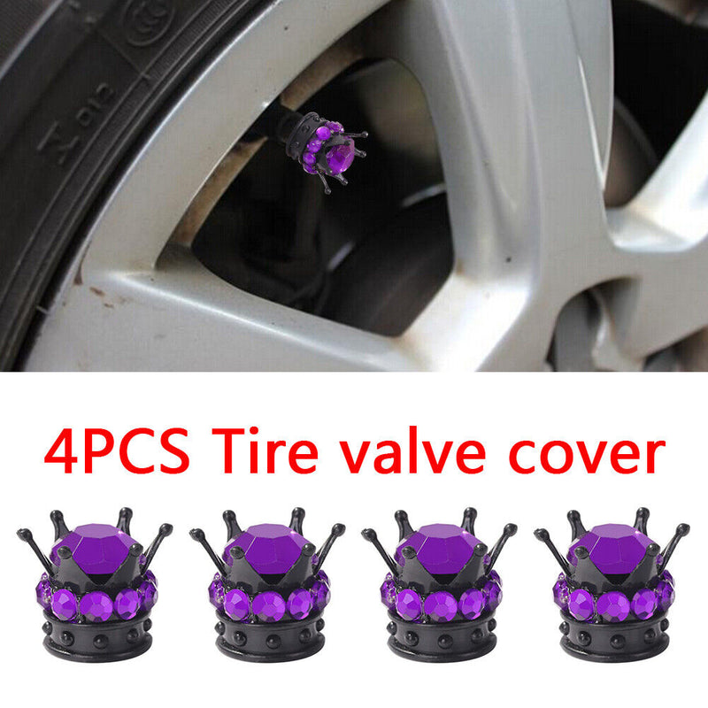 4pcs Auto Car Bling Rhinestone Black Crown Wheel Tire Valve Caps (Purple)