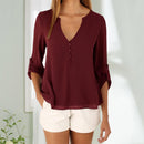 Fashion Women V-neck Tops Casual Long Sleeve Solid Color Loose Button T-shirt