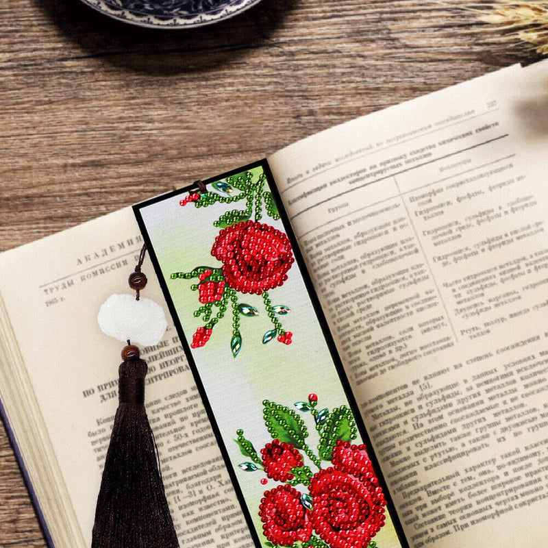 Tassel Red Flowers Leather DIY Special Shape Diamond Painting Bookmark Art Craft