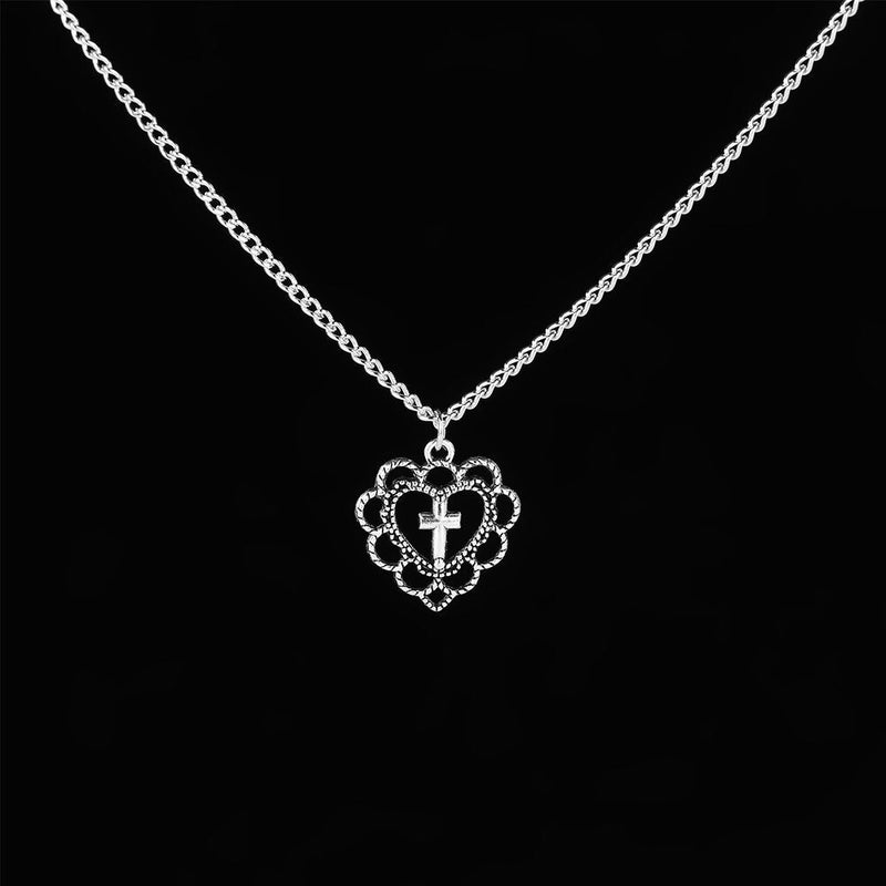 Women Punk Cross Necklace Hollow Heart Pendant Clavicle Chain Jewellery