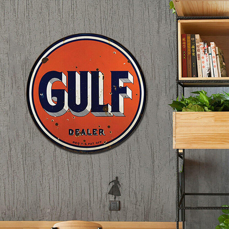 GULF Letter Metal Tin Painting Retro Round Tin Plate for Cafe Garage Decoration