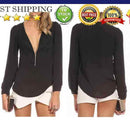 Women Casual Chiffon Shirt Tops Long Sleeve V-Neck Blouse T-shirt Black L