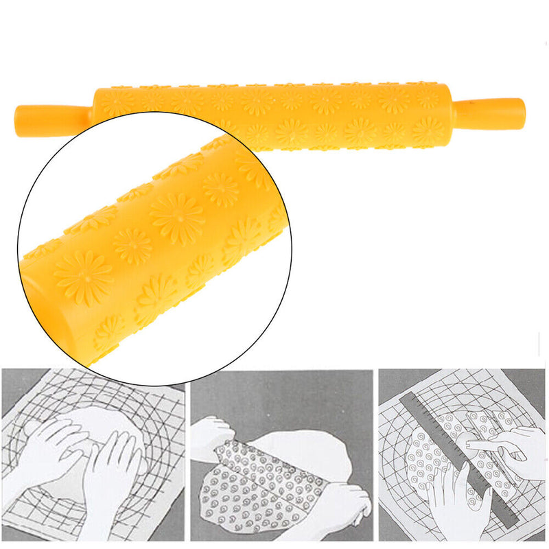 Rolling Pin Pattern Baking Tool Fondant Embossed Mold Cake Deco(Yellow