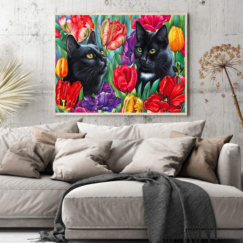 Black Cat in Flowers Oil Paint By Numbers Kit DIY Acrylic Painting Picture