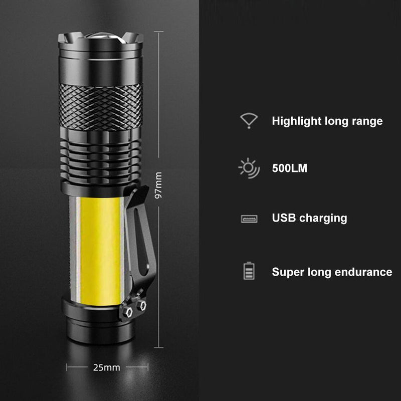Mini Rechargeable LED Flashlight XPE + COB Waterproof Zoomable Work Light