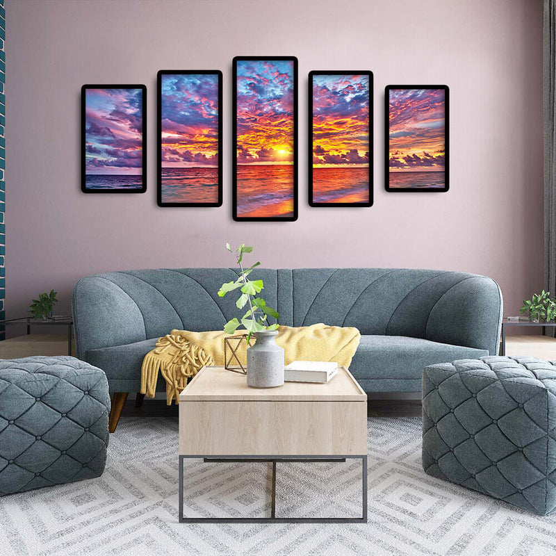 Full Cross Stitch 11CT Cotton Thread DIY 5 Panels Sea Sunset Home Decoration Set