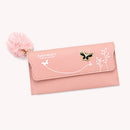 Women PU Flap Wallet with Plush Ball Lady Butterfly Coin Purse (Pink)