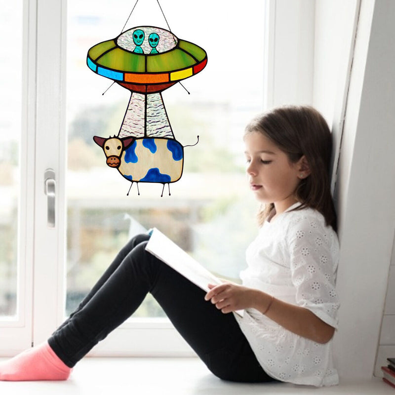 UFO Alien Cow Sign, Window Hanging Suncatcher, Cute Ornaments for Kids Bedroom
