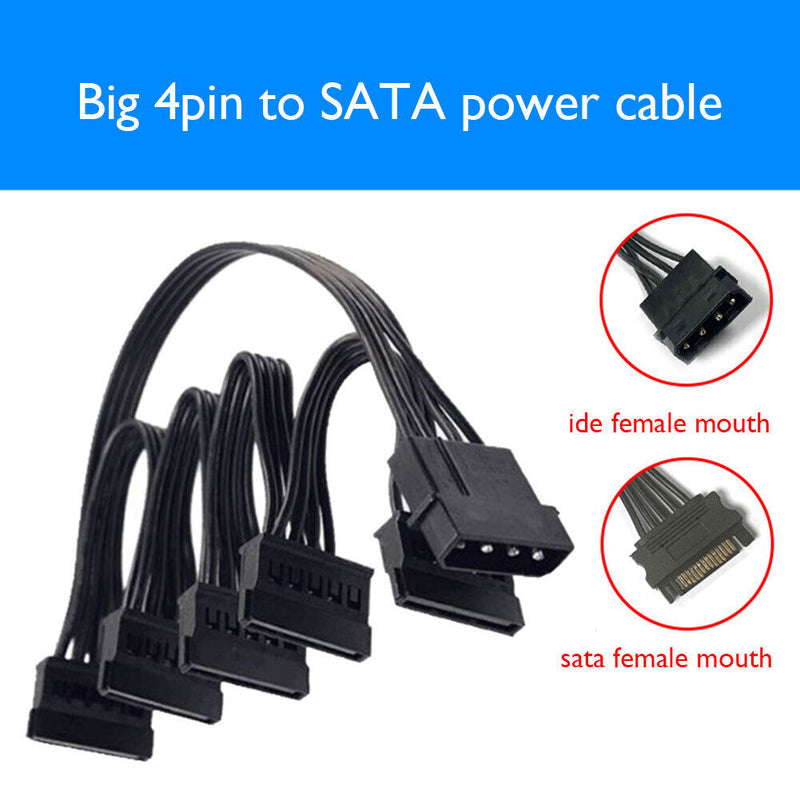 Molex 4 Pin Male to SATA 15 Pin Female Power Supply Cable 1 to 5 Cord 30 Inch