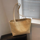 Large Capacity Woven Handbag Women Straw Fashion Leather Splicing Shoulder Bags