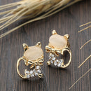 Cat Eye Stone Diamond Shiny Kitty Cute Small Animal Earrings (White)