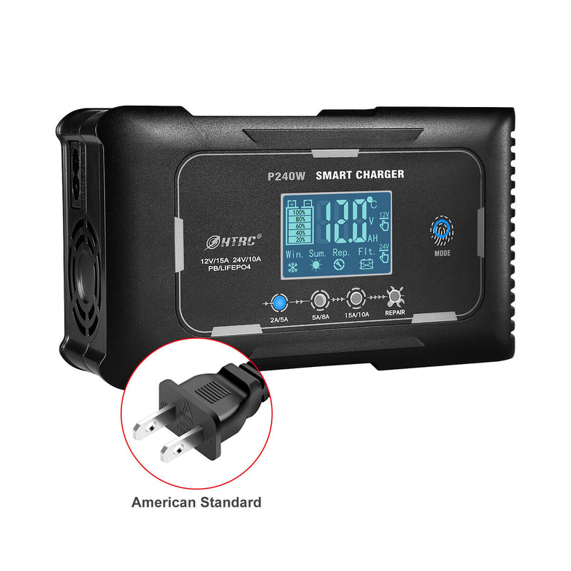 HTRC Automatic 12V/24V 15A Car Battery Charger for RV PB LIFEPO4 AGM (US)