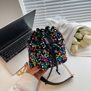 Fashion Sequins Bucket Shoulder Bag Women Chain Crossbody Drawstring Handbags