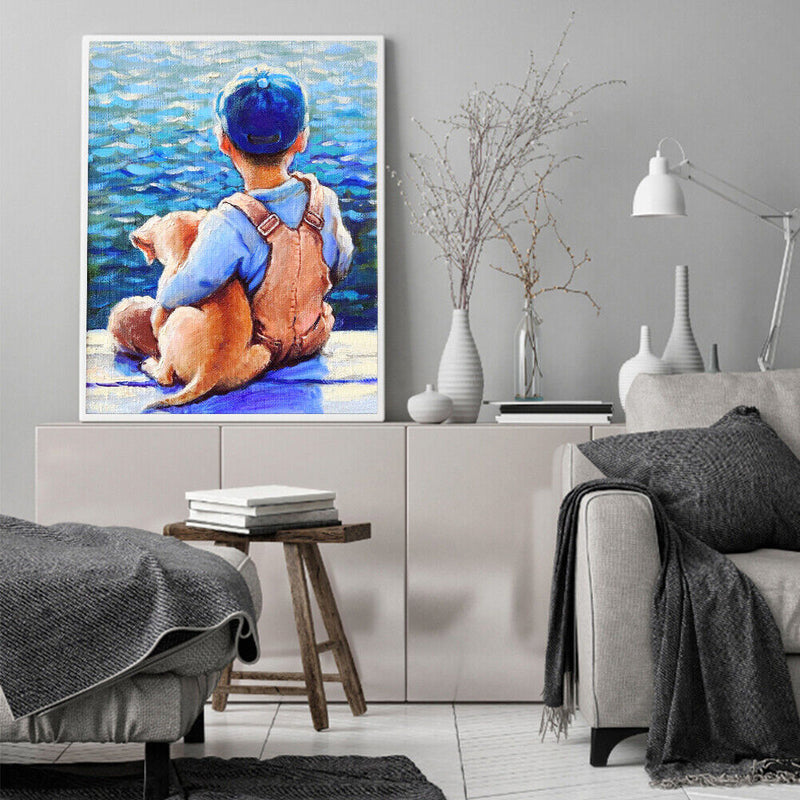 Holding Dog Boy Oil Paint By Numbers Kits Canvas Picture DIY Wall Art Craft