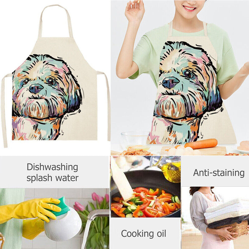 Linen Dog Print Kitchen Aprons Bibs for Women Men Household Dinner Cooking