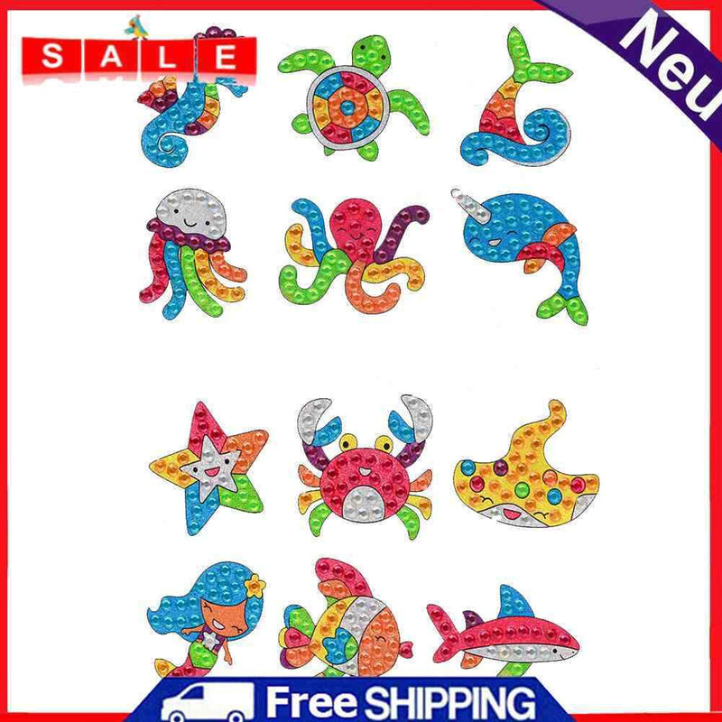 12pcs Rhinestone Round Drill Cute Animals DIY Stickers Diamond Painting Kit Gift