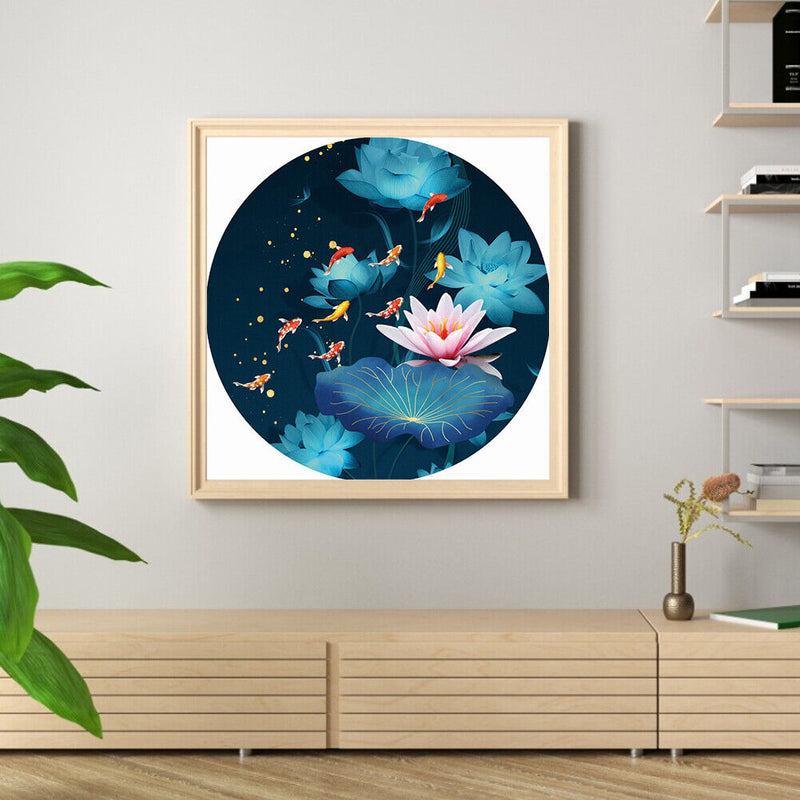 11CT Partial Stamped Embroidery Kit Round Lotus Fish Cross Stitch Needlework DIY