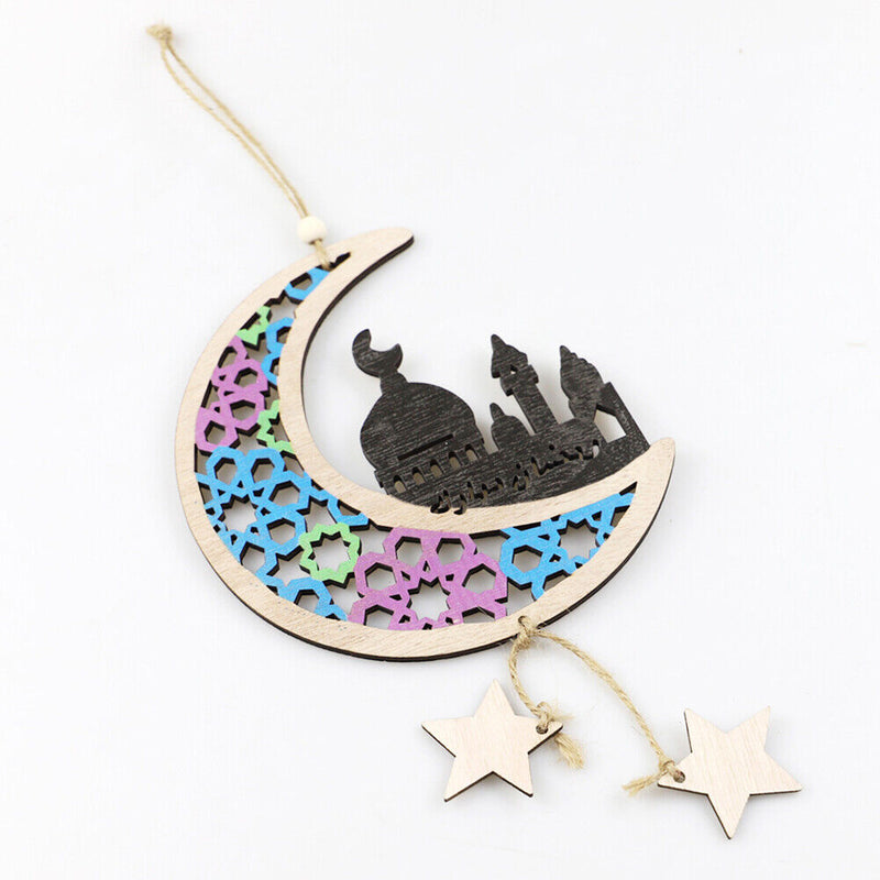 Wooden Eid Mubarak Hanging Pendant Moon Ornament Ramadan Decor (JM00429)