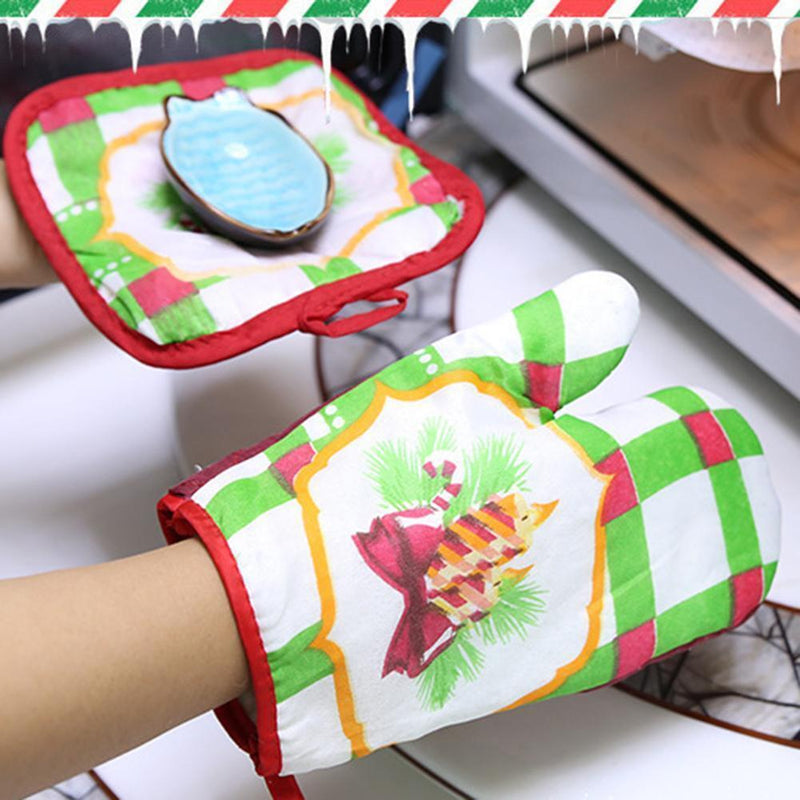 2pcs/set Christmas Home Decoration Glove+Microwave Oven Heat Insulation Pad