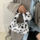 Retro Women Polka Dot Print Plush Underarm Bag Winter Small Handbag (White)