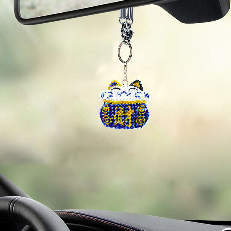 Cross Stitch Key Chain Fortune Cat Embroidery Bead Bag Pendant Handwork (B)