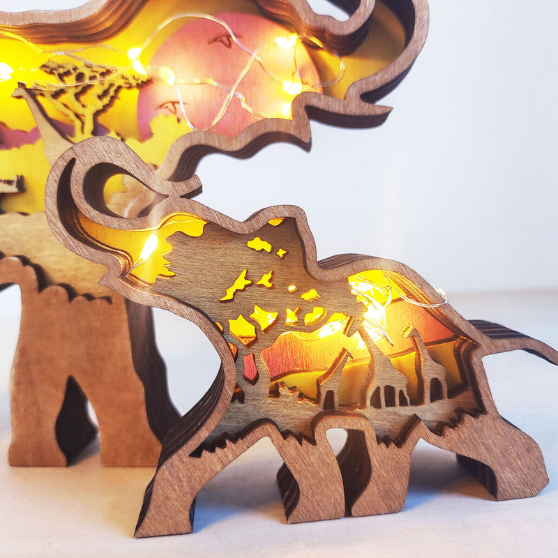 Wooden Ornament 2pcs Carved Hollow Multi-Layer Elephant Decor (A w/ Light) Newly