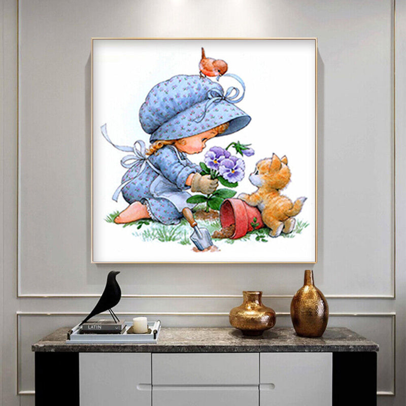 Handmade Painting Girl Flower Cat Art Mosaic Kit Diamond DIY 5D Round Full Drill
