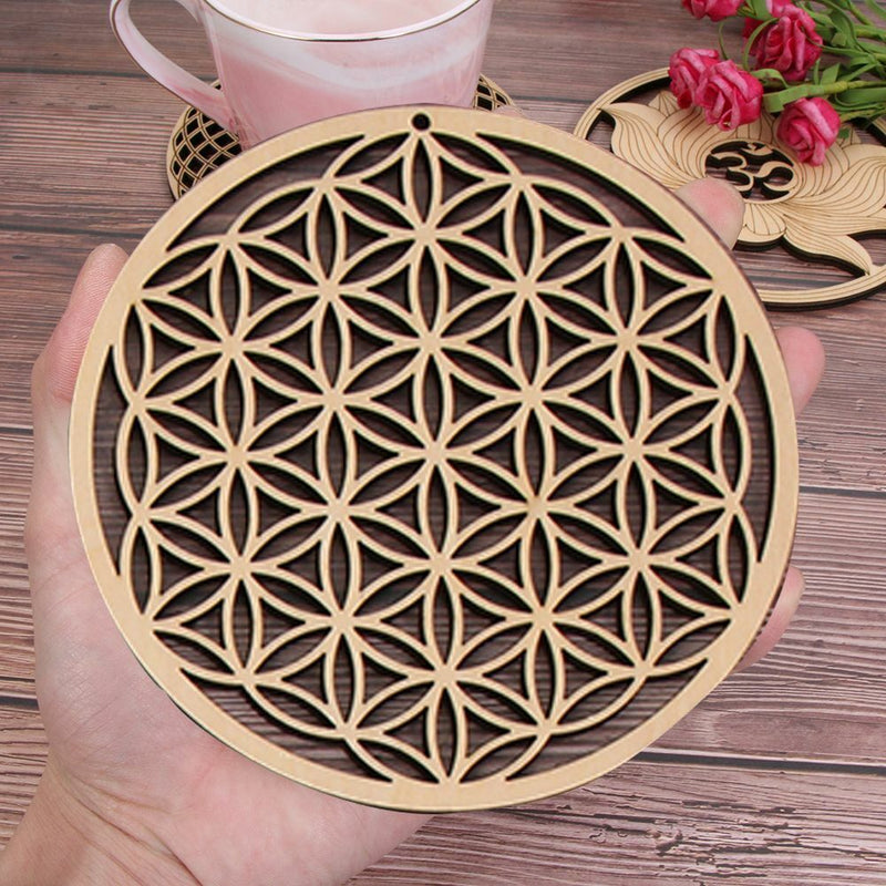 Wooden Wall Sign Flower of Life Shape Flower Of Life Energy Mat Slice Wood Base