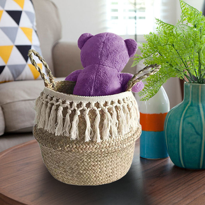 Handmade Foldable Hanging Basket Long White Tassels Laundry Container (S)