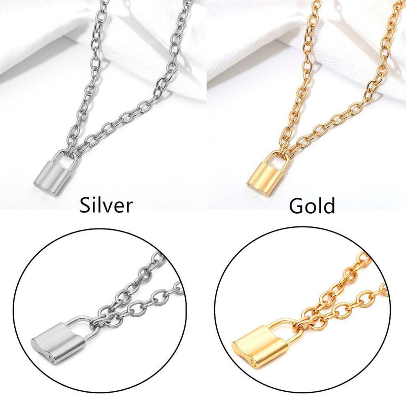 Steel  Chain Collar Statement Punk Choker Long Chain PadLock Pendant Necklace