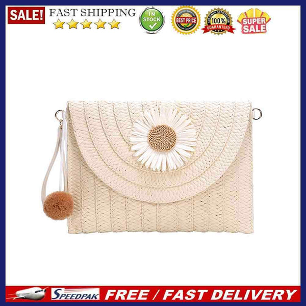 Straw Clutch Bag Women Woven Pompom Flower Shoulder Crossbody Purse Handbag