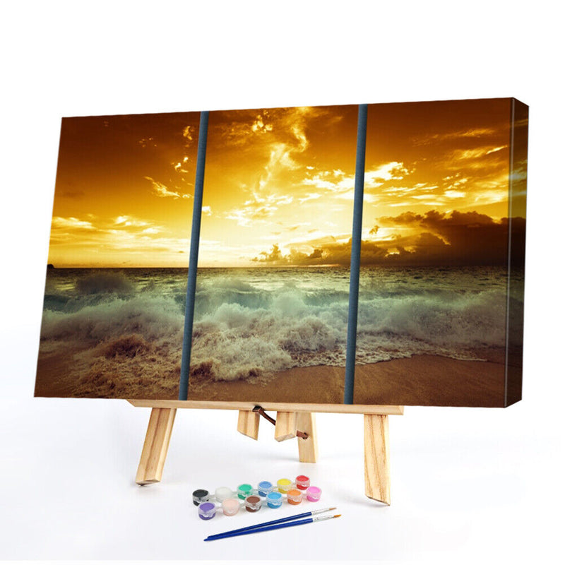 Canvas Paint By Numbers Seaside Sunset 3 Panel Oil Hand Painted Home Drawing Kit