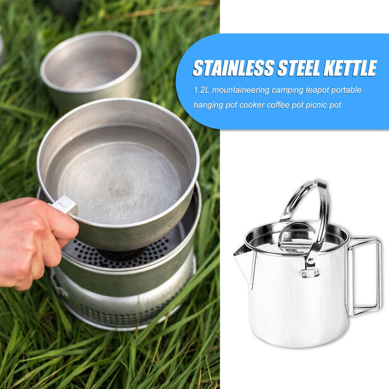 1.2L Stainless Steel Teapot Outdoor Camping Hiking Cooking Kettle with Lid Newly
