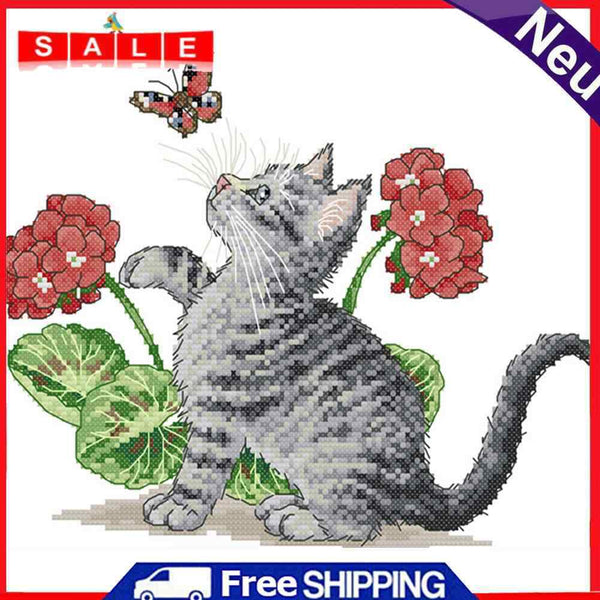 14CT Printed Partial Cross Stitch DIY Flower Cat Hand Painting Room Decoration
