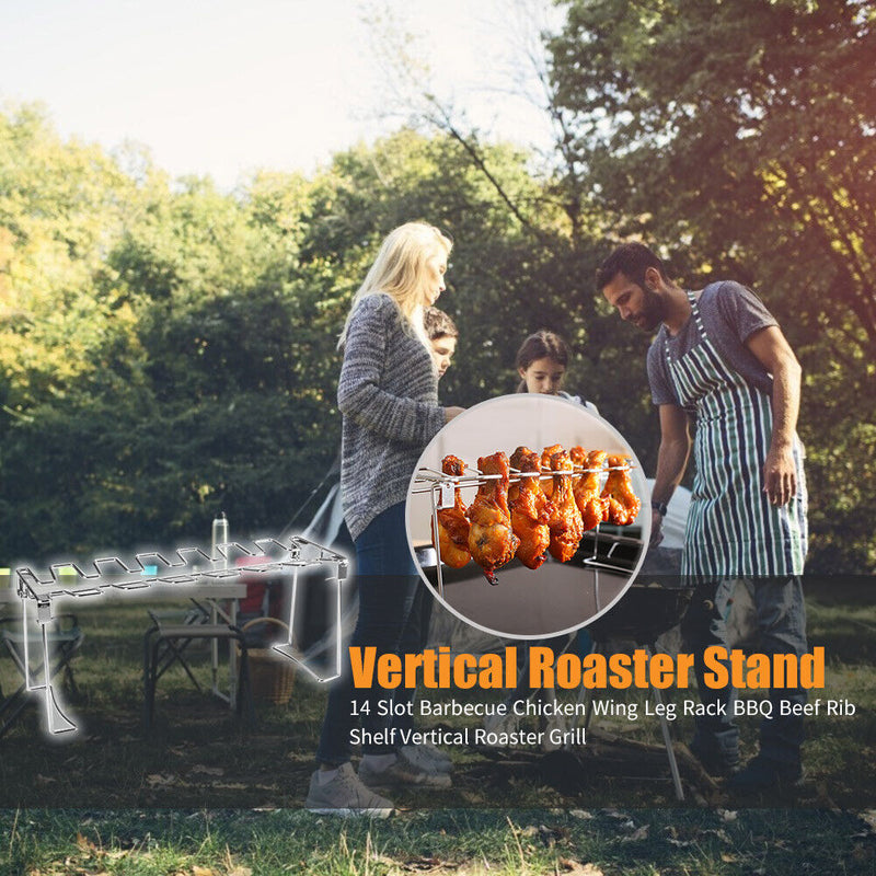 14 Slot Barbecue Chicken Wing Leg Rack BBQ Beef Rib Shelf Vertical Roaster