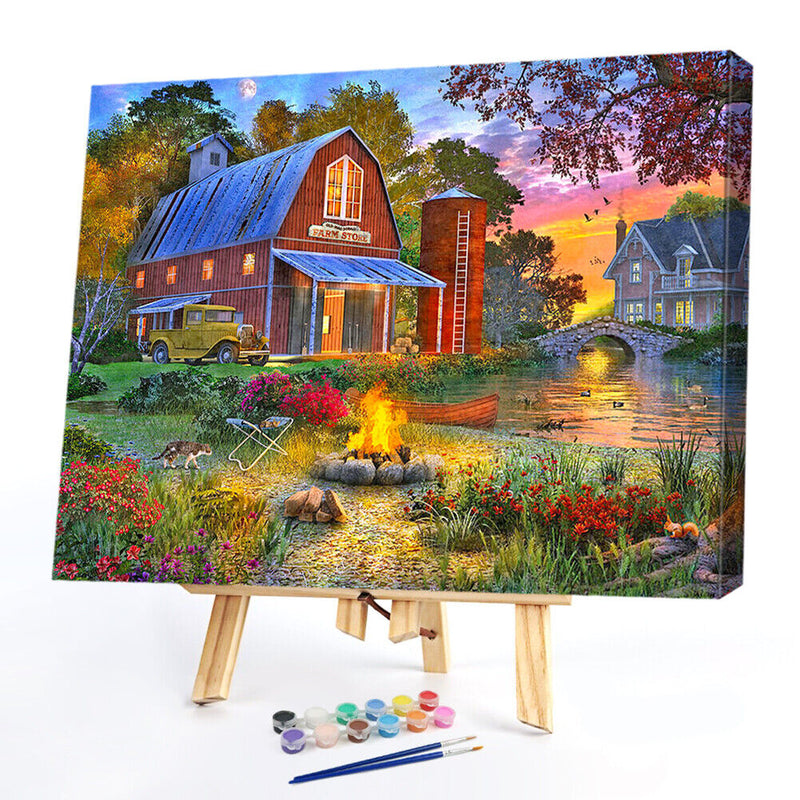 DIY Small Town Scenery Oil Paint by Numbers Coded Hand Painted Acrylic Drawin