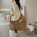 Female Large Capacity Woven Portable Shoulder Bag Handmade Straw Tote Handbag