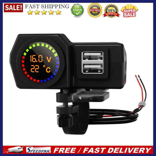 Dual Port Power Supply Adapter USB Motorcycle Charger with Voltmeter Thermome