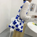 Fashion Women Flower Print Plush Shoulder Bag Winter Large Handbags (Blue)