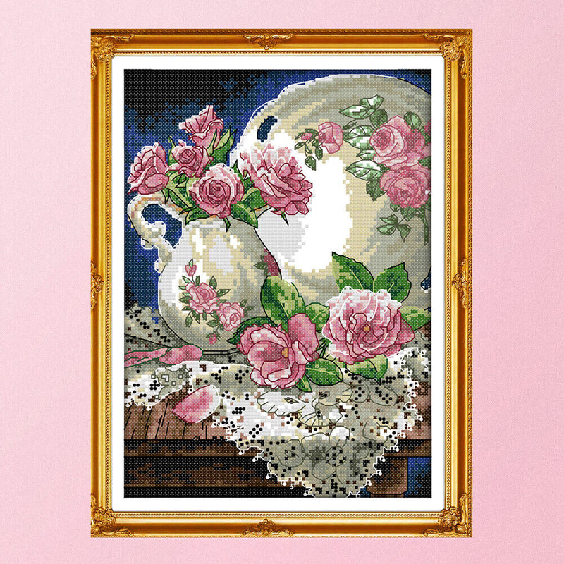 Cross Stitch 14CT Stamp Canvas Vase and Rose Embroidery DIY Handwork (J283)