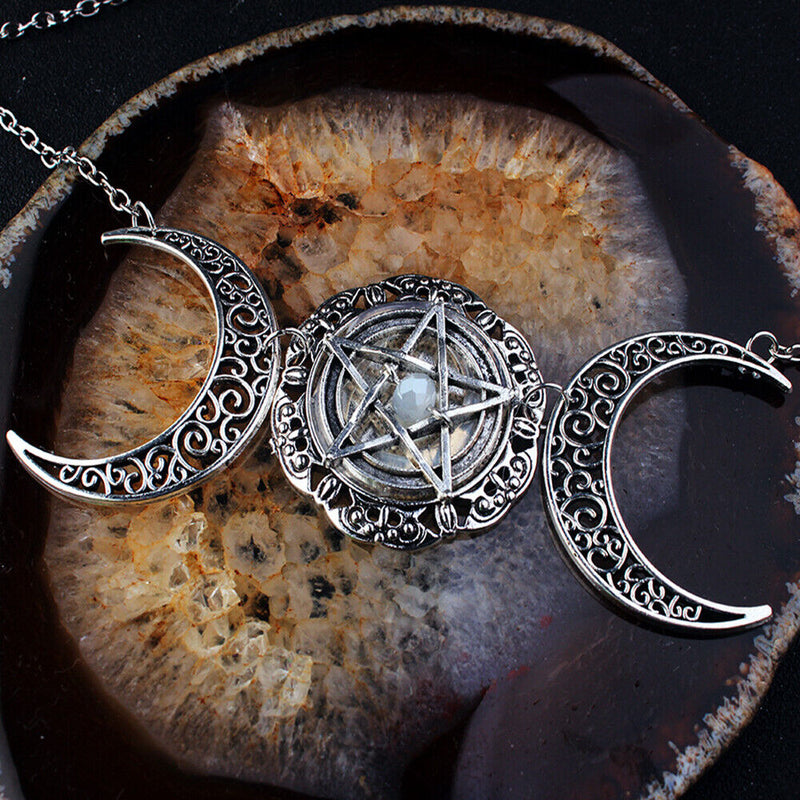 Pagan Jewelry Crystal Pentacle Pentagram Pendant Choker Triple Moon Necklace
