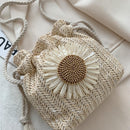 5pcs Women Straw Bucket Flower Drawstring Crossbody Shoulder Bags(Beige)