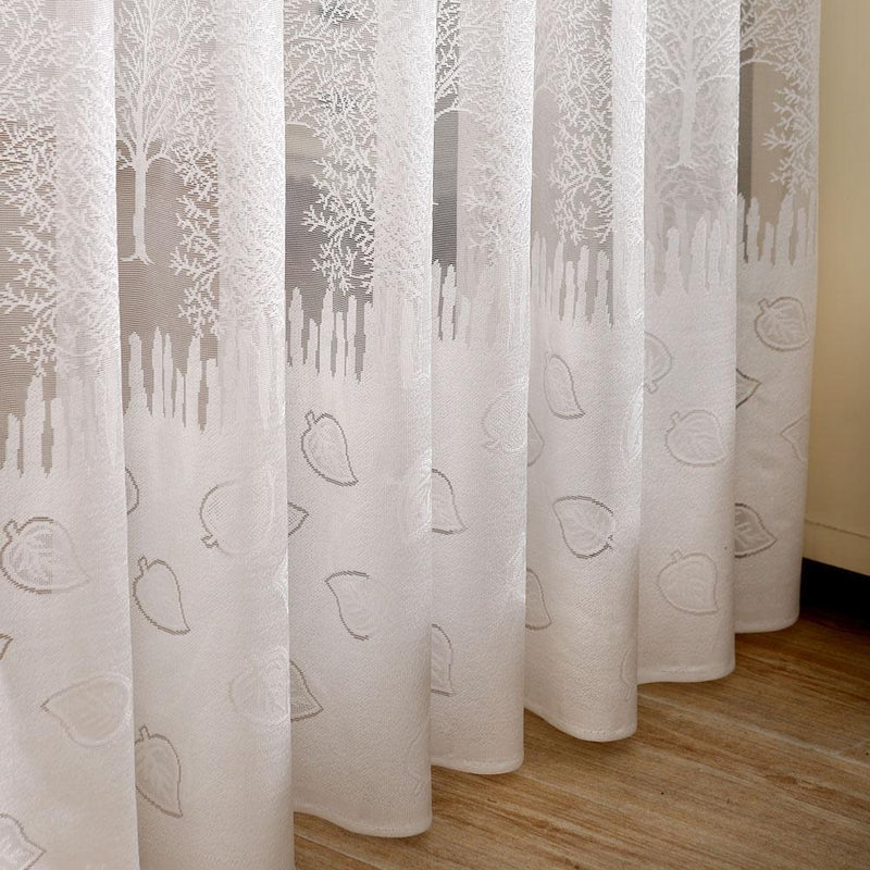 Leaf Print Tulle Voile Curtains Window Door Curtain for Living Room (White)